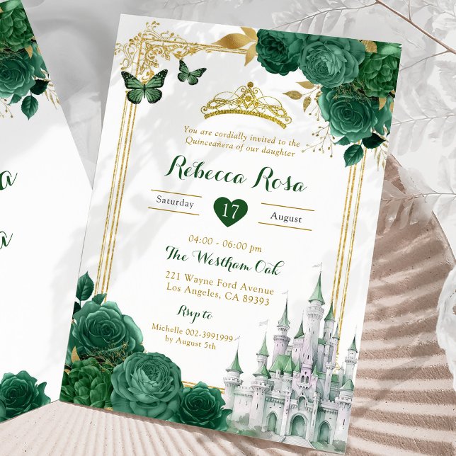 Elegante Königliche Burg Grüne Blumen Quinceñera Einladung (Von Creator hochgeladen)