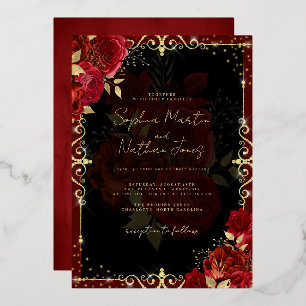 Elegante königliche rote Gold-Rosen-Hochzeit Folieneinladung