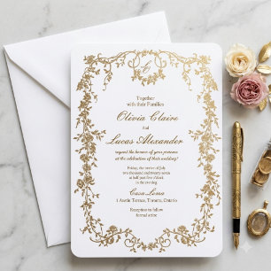 Elegante königliche weiße und goldene Hochzeit mit Einladung