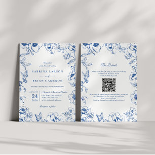 Elegante königsblaue Blumen-Garten-QR-Code-Hochzei Einladung