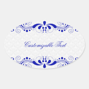 Elegante königsblaue Blumenlaven und weiße Damaste Ovaler Aufkleber
