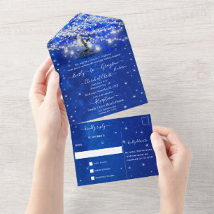 Elegante königsblaue Herzblatt-Baum-Hochzeit All In One Einladung