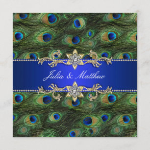 Elegante königsblaue Pfauenhochzeit Einladung