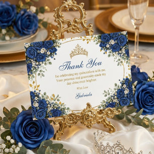 Elegante königsblaue Rosen Golden Quinceañera Dankeskarte