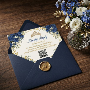 Elegante königsblaue Rosen Golden Quinceañera RSVP Karte