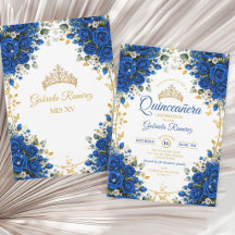 Elegante königsblaue Rosen goldene Quinceañera