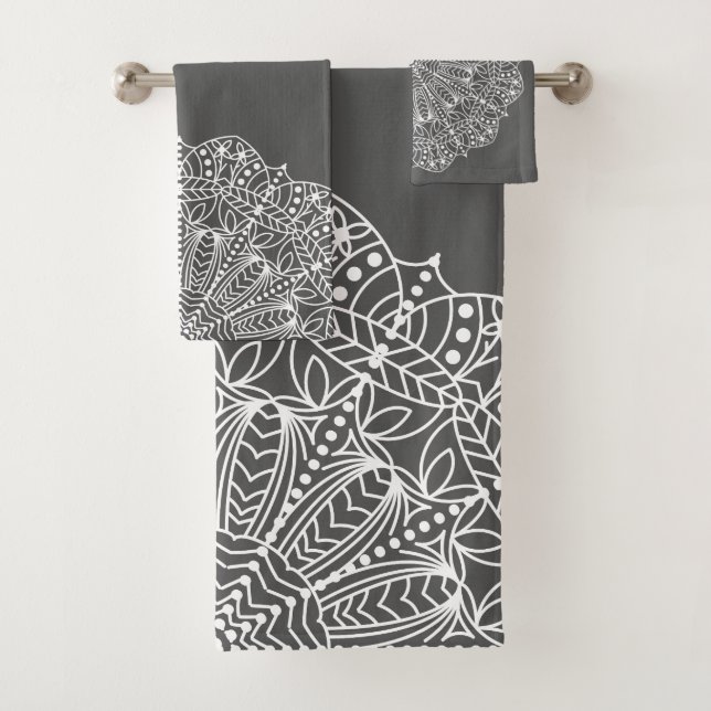Elegante Konturen aus Graue und Weiße Flora Badhandtuch Set (Insitu)