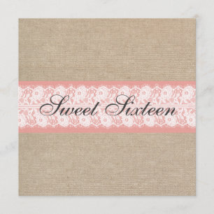 Elegante Koralle Jute Leinen Spitze Sweet Sixteen Einladung