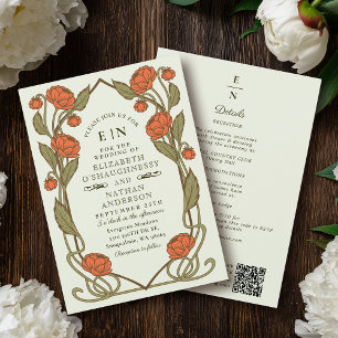 Elegante Korallen-Pfingstrose Art Nouveau QR-Code Einladung