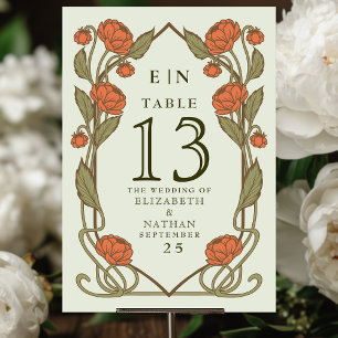 Elegante Korallen-Pfingstrose im Jugendstil, Flora Tischnummer