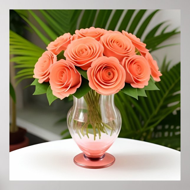 Elegante Korallen-Rose in Glasflasche auf dem Tisc Poster (Vorne)