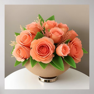 Elegante Korallen-Rose in Glasflasche auf dem Tisc Poster