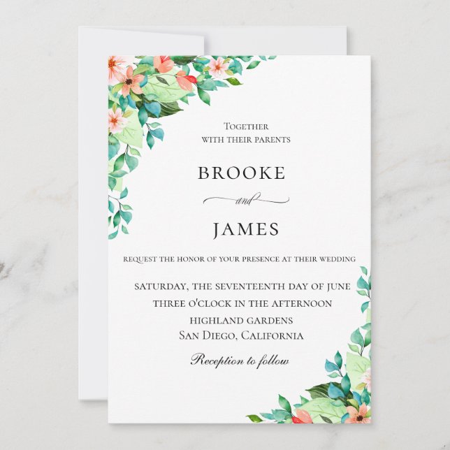 Elegante Koralleninsel Botanische Hochzeit Einladung (Vorderseite)