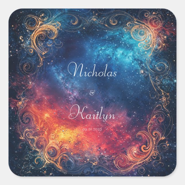 Elegante kosmische Hochzeit Quadratischer Aufkleber (Vorderseite)