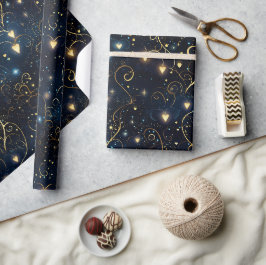 Elegante kosmische leuchtende Herzen in Blau und G Geschenkpapier