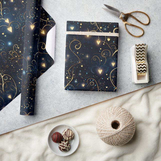 Elegante kosmische leuchtende Herzen in Blau und G Geschenkpapier (Kunsthandwerk)