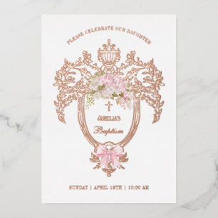 Elegante Krest Pinkfarbene Schleife Taufe Roségold Folieneinladung