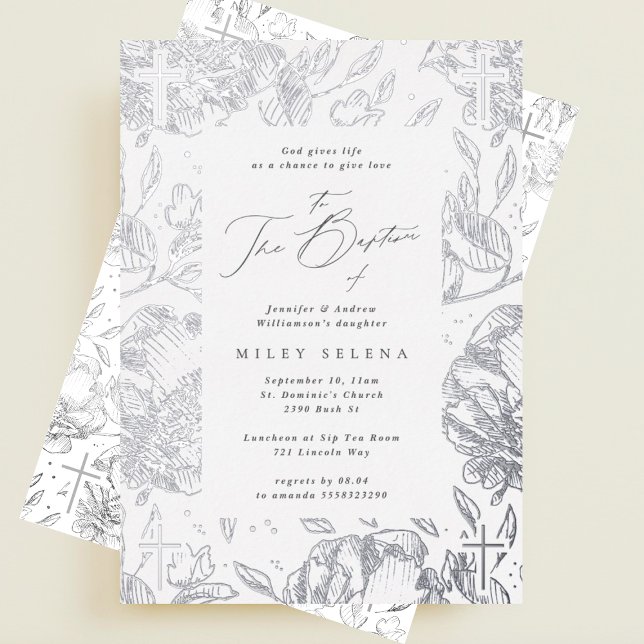 Elegante Kreuzkalligrafie Blumensilbertaufen Folieneinladung (Von Creator hochgeladen)