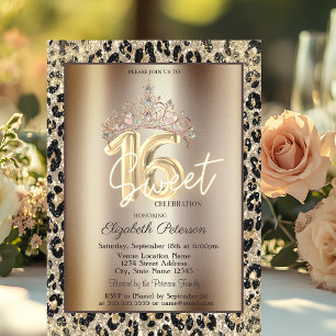 Elegante Krone Leopardendruck Sweet 16 Einladung