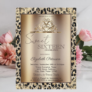 Elegante Krone Leopardendruck Sweet 16 Einladung