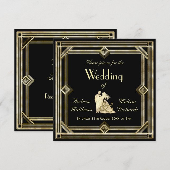 Elegante Kunst-Deko-Goldschwarz-Hochzeit Einladung (Vorne/Hinten)