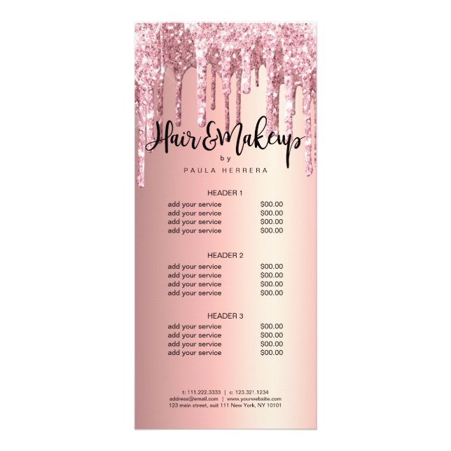 Elegante Kupfer-Rose Gold Glitzer Tropfen Haar Mak Werbekarte (Vorne)