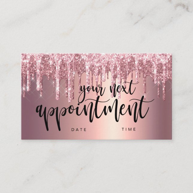Elegante Kupfer-Rose Gold Glitzer Tropfen Haarstyl Terminkarte (Vorderseite)