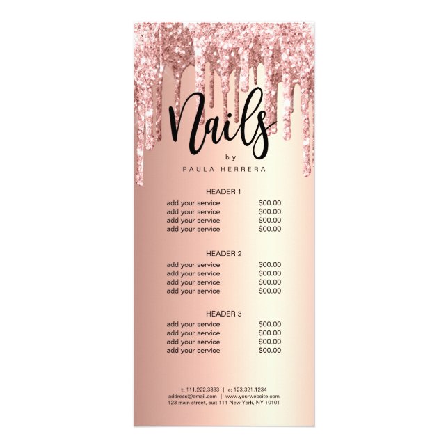 Elegante Kupfer-Rose Gold Glitzer Tropfen Nägel Werbekarte (Vorne)