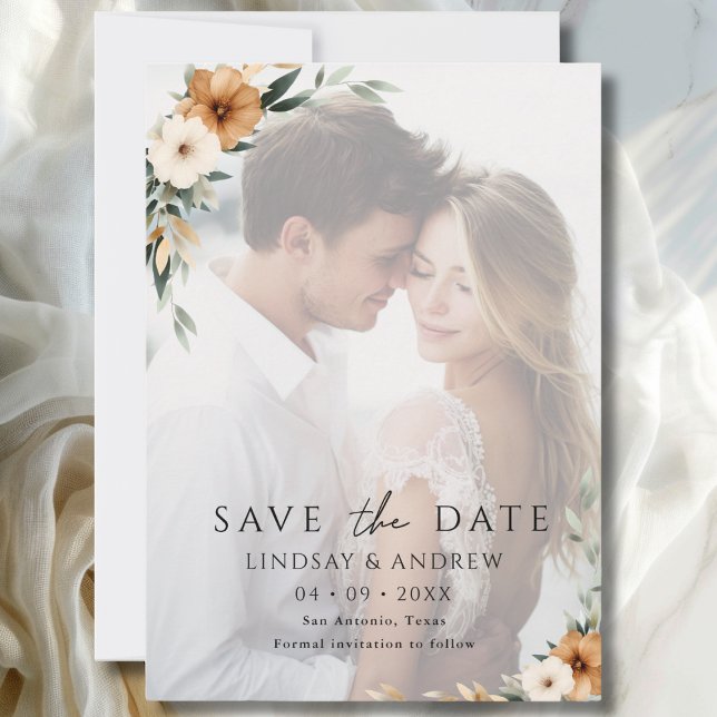 Elegante Kupferfarbene Erdig-Botanische Fotografie Save The Date (Elegant Copper Earthy Botanical Photo Save The Date)