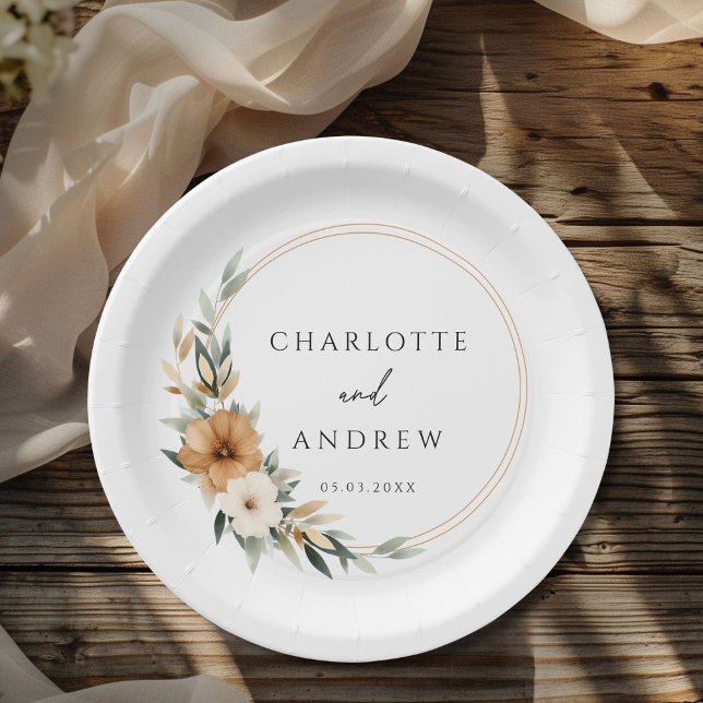 Elegante Kupferfarbene Erdig-Botanische Hochzeit Pappteller (Elegant Monogram Copper Earthy Botanical Wedding Paper Plates)