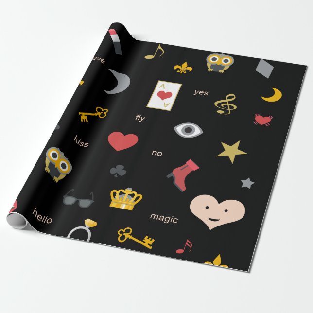 elegante Küsse, Lippen, Herzen, Eulen, Noten Geschenkpapier (Ungerollt)