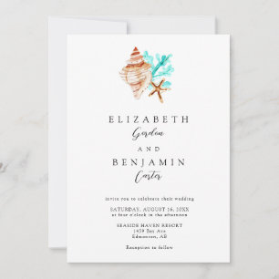 Elegante Küsten-Muschel-Aquarell-Strandhochzeit Einladung