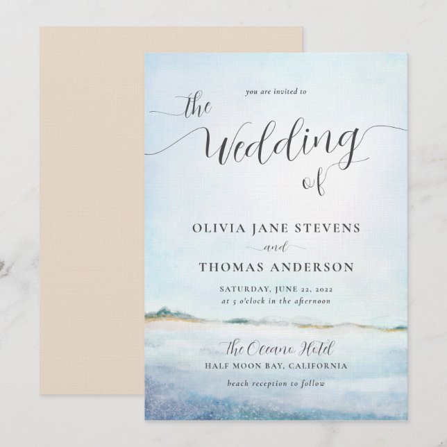 Elegante Küstenwatercolor Sommerstrand Hochzeit Einladung (Vorne/Hinten)