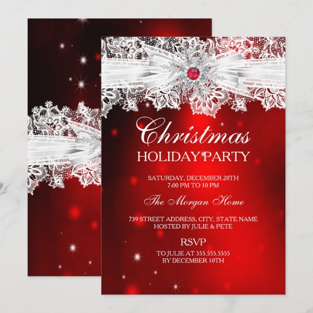 Elegante Lace Bow Red Christmas Holiday Party Einladung (Vorne/Hinten)