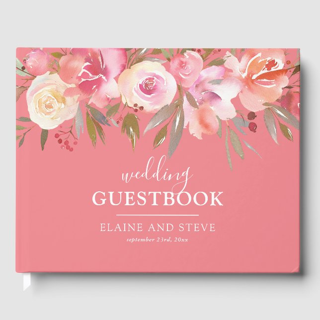 Elegante Lachs Rosa Wasserfarbenhochzeit Gästebuch (Vorderseite)