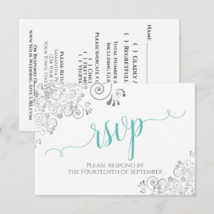 Elegante Lacy-Silber- und Aquafarbene Hochzeitssch RSVP Karte