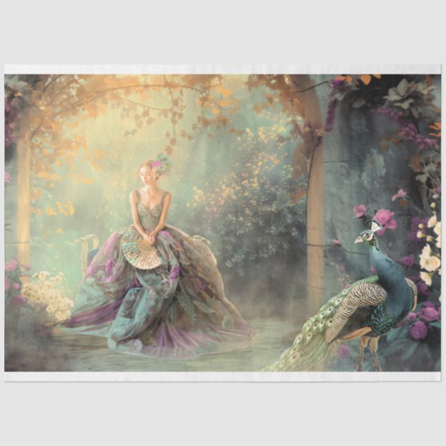 Elegante Lady & a Peacock, lebhaftes Porträt Seidenpapier (Vorderseite)