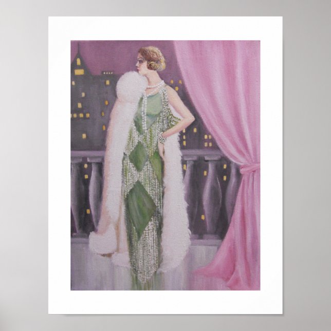 Elegante Lady auf einem Balkon, Poster (Vorne)