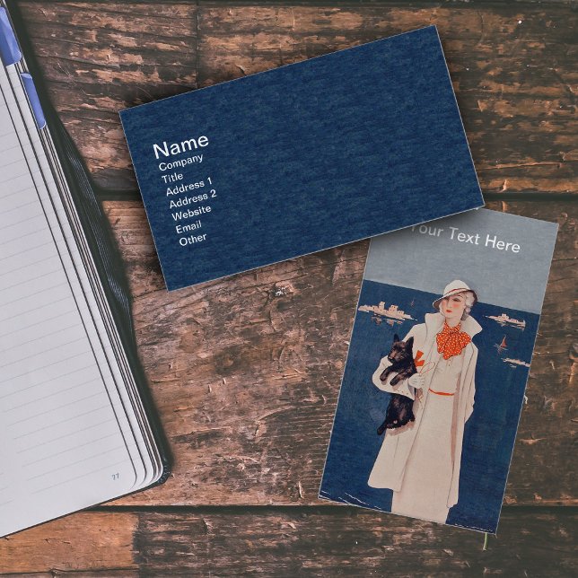 Elegante Lady in White von Ocean Black Scotty Dog Visitenkarte (Lady with black Scottish Terrier dog in white suit by ocean with boats on business cards.)