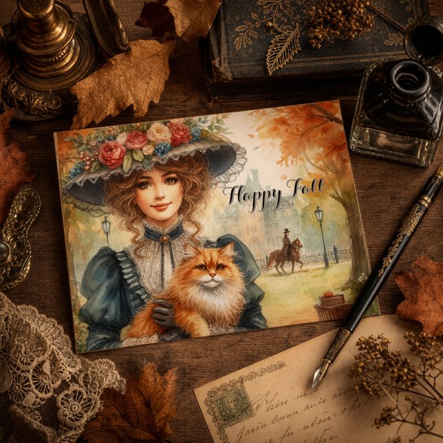 Elegante Lady mit Cat Happy Fall Postkarte (Von Creator hochgeladen)