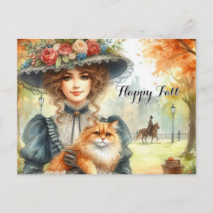 Elegante Lady mit Cat Happy Fall Postkarte