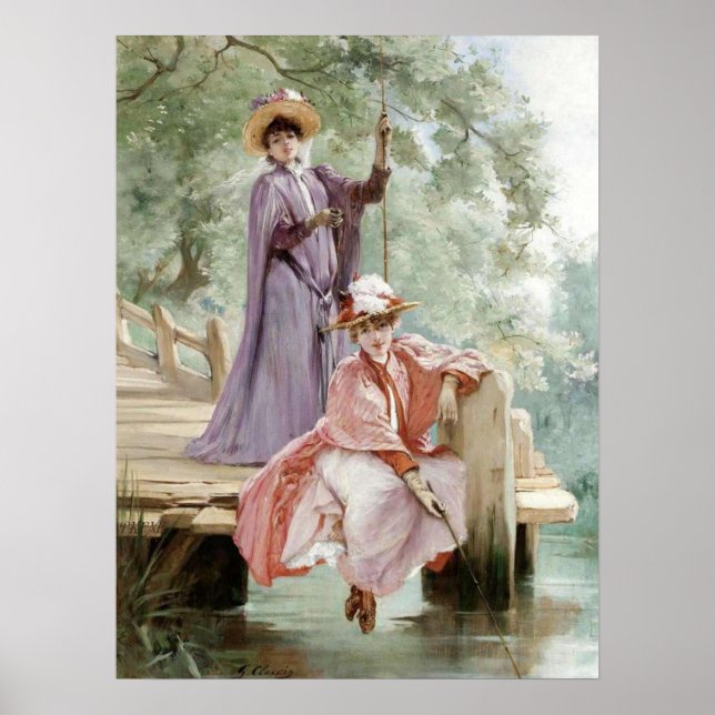 Elegante Ladys Angeln auf dem Dock in Nature Vinta Poster (Vorne)