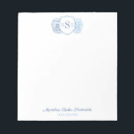 Elegante Ladys Ginger Jar Blue und White Monogram Notizblock<br><div class="desc">Ein klassisches Blau-Weiß-Design mit einem 3-Buchstaben-Monogramm in einem Wappen und blauen und weißen Ingwer-Gläsern. Die Aquarellelemente wurden ursprünglich von mir in Aquarellfarben auf 100% Baumwollpapier gemalt, bevor sie gescannt und digital arrangiert/gestylt wurden (das Wappen wird von einem anderen Künstler gestaltet). Sie können alle Textfarben und Schriftart ändern (klicken Sie, um...</div>