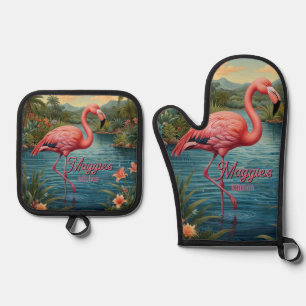 Elegante Lagune mit rosa Flamingo tropisches Parad Ofenhandschuh & Topflappen-Set