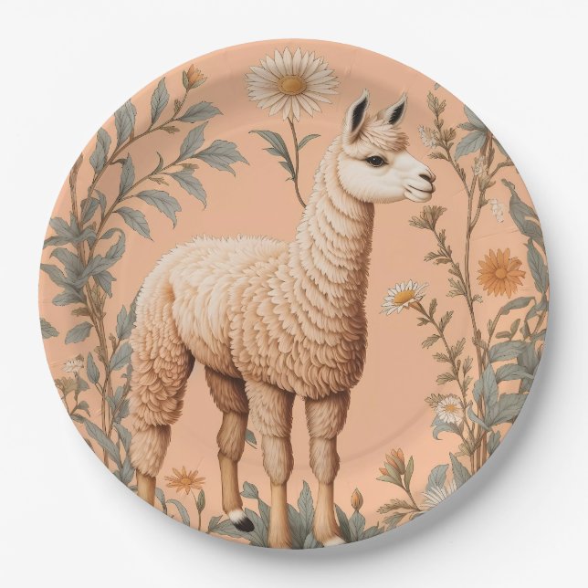 Elegante Lama und Daisy Blume auf Peach Pappteller (Vorderseite)