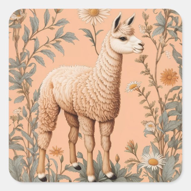 Elegante Lama und Daisy Blume auf Peach Quadratischer Aufkleber (Vorderseite)
