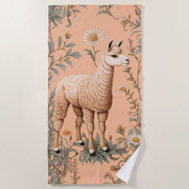 Elegante Lama und Daisy Blume auf Peach Strandtuch (Vorderseite)