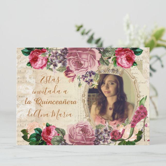 Elegante lamentable de la Quinceanera Einladung (Stehend Vorderseite)