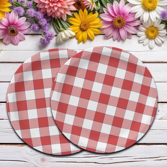 Elegante Landschaft Picnic White Red Checkered Pappteller (Von Creator hochgeladen)