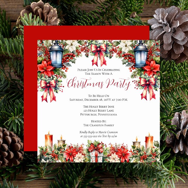 Elegante Lanterns | Candles Floral Christmas Party Einladung (Vintage Elegant Lanterns and Candles, Poinsettias, Holly and Berries Floral Christmas Party Invite)
